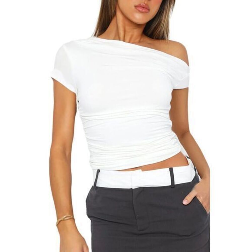 Micas White Asymmetrical Neckline Short Sleeve Top Casual Chic L